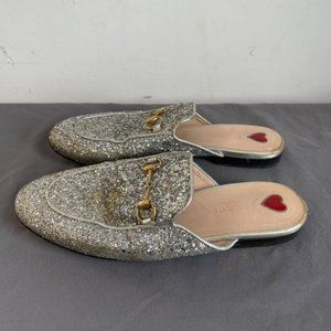 *SOLD*. Gucci Silver Glitter Leather Princetown Flat Mule Size 38 EU/ 8 US -